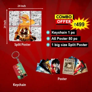 One Piece Luffy 3-in-1 Anime Combo – 50 Posters (6×8.5), 1 Manga Art Poster (24×24) & 1 Keychain