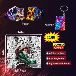 Demon Slayer Tanjiro 3-in-1 Anime Combo – 50 Posters (6×8.5), 1 Manga Art Poster (24×24) & 1 Keychain