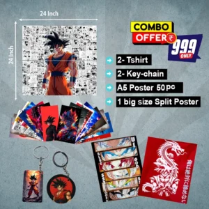Goku Combo Pack – 2 Regular Fit Dragon Ball Z T-Shirts, 50 Posters (6x8.5, 300 GSM), 1 Manga Art Poster (24x24, 300 GSM) & 2 Keychains | Anime