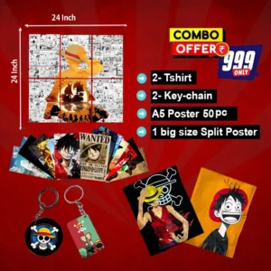 One Piece Luffy Combo Pack – 2 Oversized Fit T-Shirts, 50 Posters (6x8.5, 300 GSM), 1 Manga Art Poster (24x24, 300 GSM) & 2 Keychains | Anime