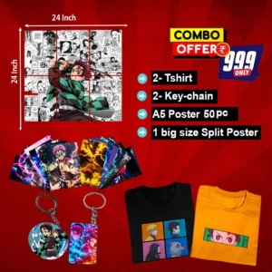Demon Slayer Tanjiro Combo Pack – 2 Regular Fit T-Shirts, 50 Posters (6x8.5, 300 GSM), 1 Manga Art Poster (24x24, 300 GSM) & 2 Keychains | Anime