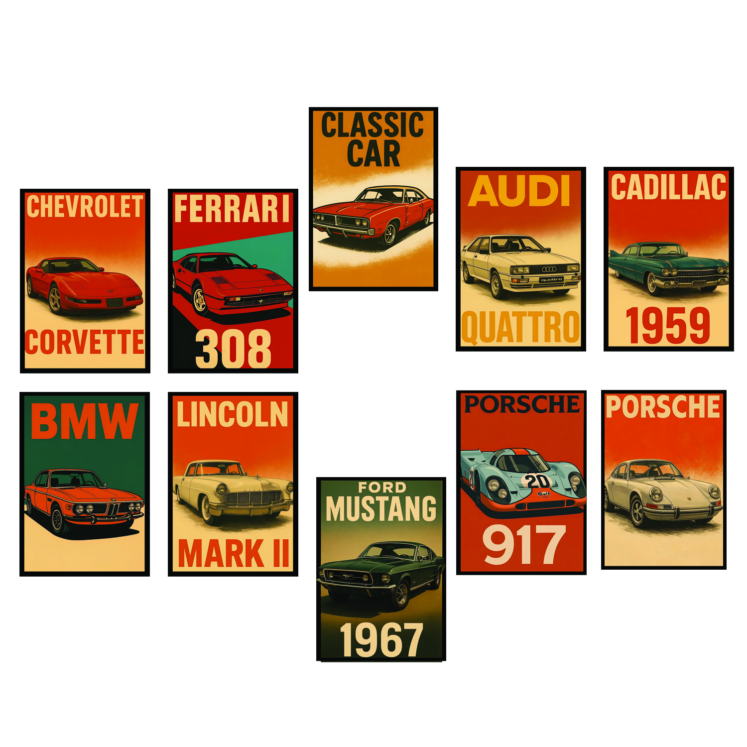 Vintage Car Poster Set | Classic Retro Car Wall Art for Home, Office & Garage Decor