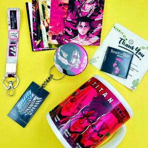 Laugham Attack On Titan Accessories Combo Pack | Keychains, Badge, Magnet & Posters Ceramic Coffee Mug  (350 ml, Pack of 14)