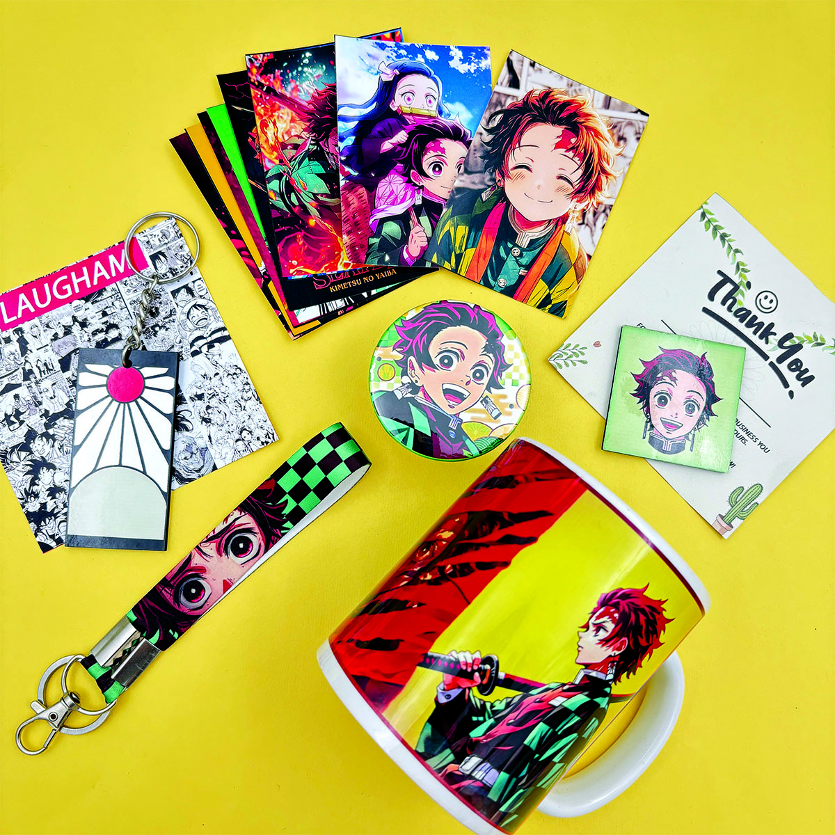 Demon Slayer Tanjiro Combo Pack | Keychains, Badge & Posters Ceramic Coffee Mug (350 ml, Pack of 14)